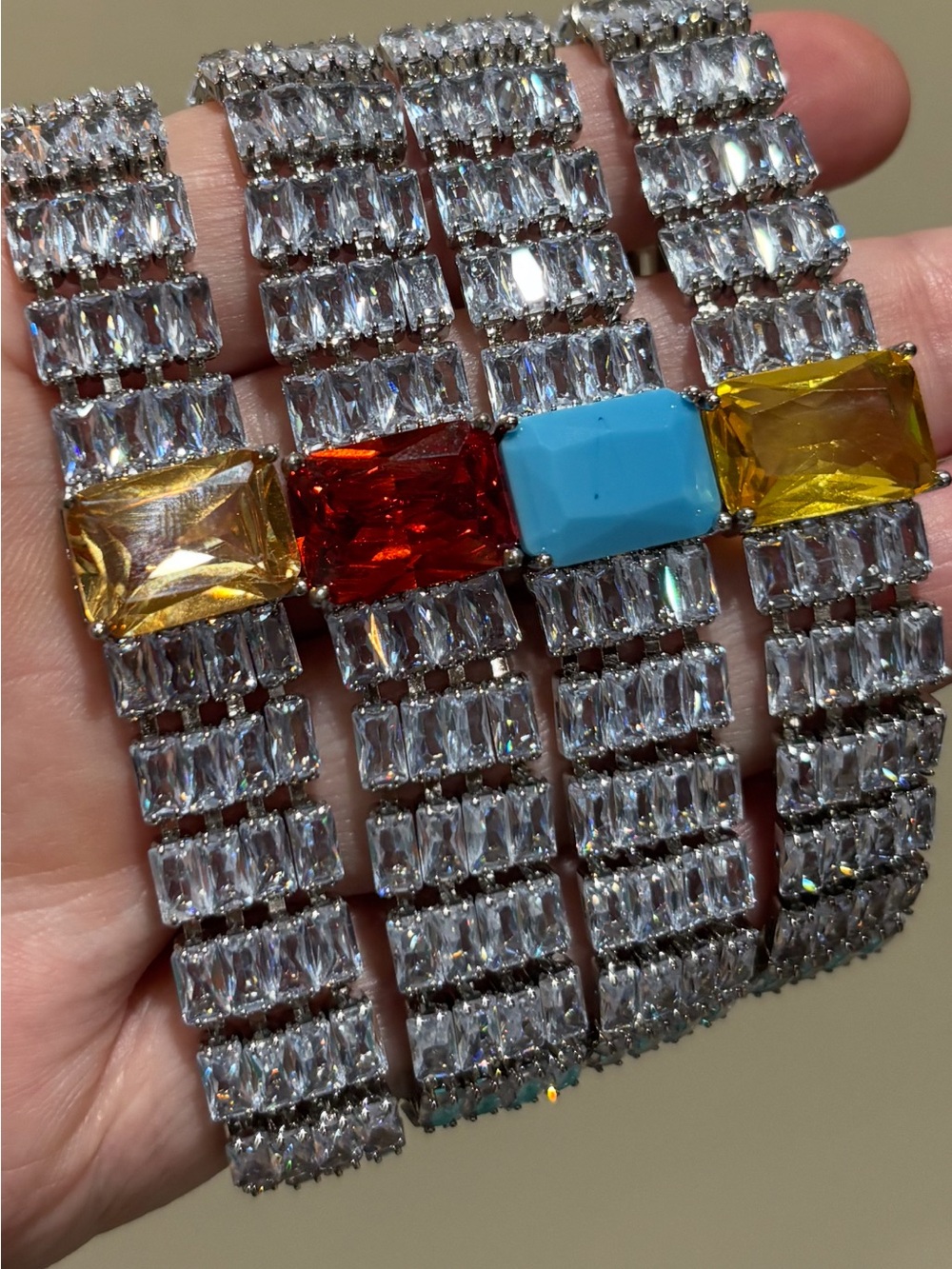 New Crystal Tennis Bracelet with Colored Center Stones - Yellow, Red, Turquoise